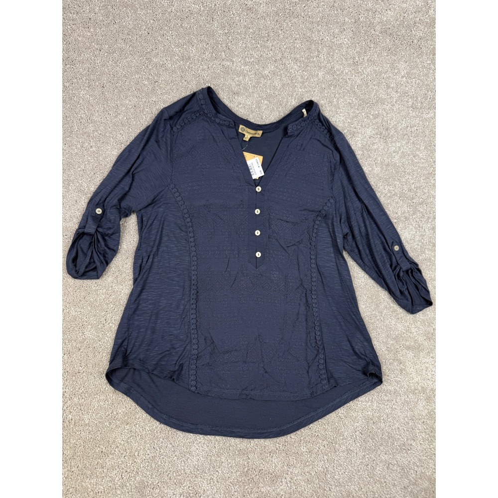 Democracy Navy Blue Embroidered Henley Top L 3/4 Roll-Tab Sleeve NWT B7025MATX